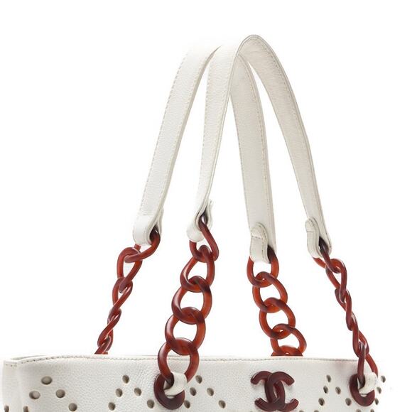 Authentic CHANEL CC Caviar Perforated Bekko Chain Tote White Red Shoulder Bag - Picture 6 of 8